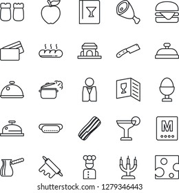 Thin Line Icon Set - waiter vector, cook, dish, wine card, menu, reception, cocktail, bacon, egg stand, salt and pepper, bread, cafe building, candle, credit, ham, hamburger, hot dog, rolling pin