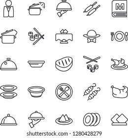 Thin Line Icon Set - waiter vector, dish, restaurant table, serviette, cafe, menu, plates, dress code, chicken, steak, kebab, bowl, steaming pan, sushi