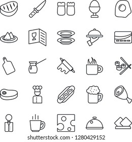 Thin Line Icon Set - waiter vector, cook, dish, serviette, wine card, coffee, beer, plates, egg stand, salt and pepper, credit, steak, ham, hot dog, rolling pin, cutting board, knife, turkish, sushi