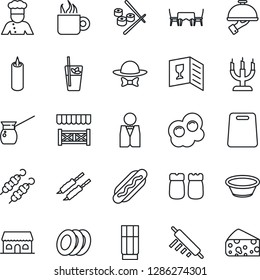 Thin Line Icon Set - waiter vector, cook, wine card, drink, phyto bar, coffee, plates, salt and pepper, cafe building, candle, table, dress code, alcove, kebab, hot dog, bowl, rolling pin, turkish
