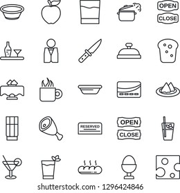 Thin Line Icon Set - waiter vector, alcohol, restaurant table, serviette, reserved, reception, drink, cocktail, phyto bar, coffee, egg stand, bread, open close, credit card, ham, bowl, knife, cheese
