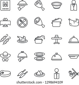 Thin Line Icon Set - waiter vector, dish, restaurant table, serviette, cafe, menu, plates, dress code, chicken, steak, kebab, ham, bowl, steaming pan, sushi