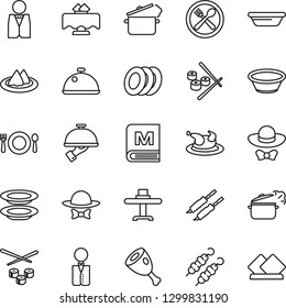Thin Line Icon Set - waiter vector, dish, restaurant table, serviette, cafe, menu, plates, dress code, chicken, kebab, ham, bowl, steaming pan, sushi