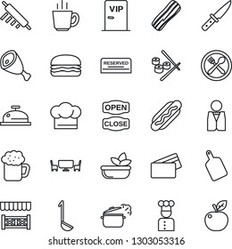 Thin Line Icon Set - waiter vector, cook, cafe, hat, reserved, reception, coffee, beer, salad, bacon, table, vip zone, open close, alcove, credit card, ham, hamburger, hot dog, ladle, rolling pin