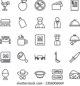Thin Line Icon Set - waiter vector, cook, dish, cafe, menu, cocktail, coffee, egg stand, building, table, vip zone, dress code, open close, credit card, restaurant receipt, ham, ladle, bowl, knife