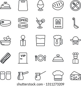 Thin Line Icon Set - waiter vector, cook, cafe, hat, menu, reception, drink, cocktail, beer, salad, bacon, egg stand, salt and pepper, vip zone, dress code, open close, steak, ladle, cutting board