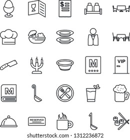 Thin Line Icon Set - waiter vector, dish, cafe, cook hat, wine card, menu, reserved, phyto bar, coffee, beer, salad, plates, egg stand, salt and pepper, candle, table, vip zone, restaurant receipt