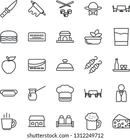 Thin Line Icon Set - waiter vector, alcohol, cook hat, reserved, reception, drink, coffee, beer, salad, salt and pepper, cafe building, table, dress code, credit card, kebab, hamburger, hot dog