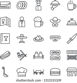 Thin Line Icon Set - waiter vector, cook, restaurant table, serviette, hat, wine card, reserved, reception, coffee, beer, plates, bacon, salt and pepper, cafe, dress code, open close, alcove, credit