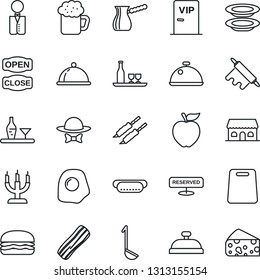 Thin Line Icon Set - waiter vector, dish, alcohol, reserved, reception, beer, plates, bacon, cafe building, candle, vip zone, dress code, open close, kebab, hamburger, hot dog, ladle, rolling pin