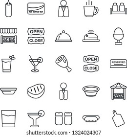 Thin Line Icon Set - waiter vector, dish, reserved, reception, drink, cocktail, phyto bar, coffee, egg stand, salt and pepper, candle, open close, alcove, credit card, steak, ham, hot dog, bowl