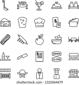Thin Line Icon Set - waiter vector, cook, alcohol, hat, reception, cocktail, salad, bacon, salt and pepper, bread, cafe building, table, vip zone, dress code, open close, alcove, restaurant receipt