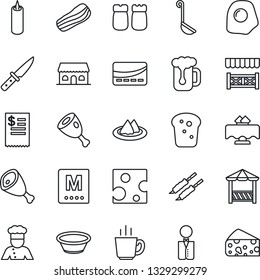 Thin Line Icon Set - waiter vector, cook, restaurant table, serviette, menu, coffee, beer, bacon, salt and pepper, bread, cafe building, candle, alcove, credit card, receipt, kebab, ham, ladle, bowl