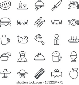 Thin Line Icon Set - waiter vector, cook, dish, alcohol, restaurant table, cafe, coffee, beer, bacon, egg stand, bread, vip zone, dress code, chicken, steak, kebab, ham, hamburger, knife