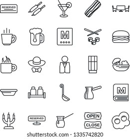 Thin Line Icon Set - waiter vector, menu, reserved, drink, cocktail, coffee, beer, salad, bacon, salt and pepper, candle, cafe table, dress code, open close, kebab, hamburger, ladle, bowl, turkish