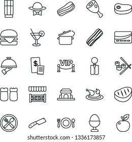 Thin Line Icon Set - waiter vector, cafe, drink, cocktail, bacon, egg stand, salt and pepper, building, vip zone, dress code, alcove, credit card, restaurant receipt, chicken, steak, ham, hamburger