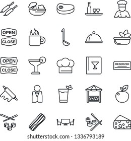 Thin Line Icon Set - waiter vector, cook, dish, alcohol, hat, wine card, reserved, cocktail, phyto bar, coffee, salad, bacon, cafe table, open close, alcove, steak, kebab, ladle, rolling pin, sushi