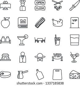 Thin Line Icon Set - waiter vector, cook, restaurant table, menu, drink, cocktail, phyto bar, bacon, salt and pepper, cafe building, vip zone, dress code, open close, chicken, steak, cutting board