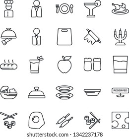 Thin Line Icon Set - waiter vector, cook, cafe, reserved, reception, drink, cocktail, phyto bar, salad, plates, salt and pepper, bread, candle, chicken, kebab, bowl, rolling pin, cutting board