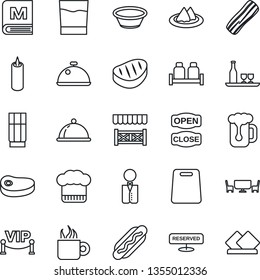 Thin Line Icon Set - waiter vector, dish, alcohol, serviette, cook hat, menu, reserved, drink, coffee, beer, bacon, salt and pepper, candle, cafe table, vip zone, open close, alcove, steak, hot dog