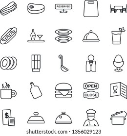 Thin Line Icon Set - waiter vector, cook, dish, alcohol, wine card, reserved, reception, drink, phyto bar, coffee, plates, bacon, egg stand, cafe table, open close, restaurant receipt, steak, ladle