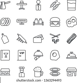 Thin Line Icon Set - waiter vector, cook, restaurant table, wine card, reserved, reception, drink, beer, plates, bacon, salt and pepper, cafe building, vip zone, credit, kebab, hamburger, sushi