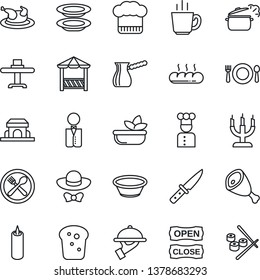 Thin Line Icon Set - waiter vector, cook, restaurant table, cafe, hat, coffee, salad, plates, bread, building, candle, dress code, open close, alcove, chicken, ham, bowl, knife, steaming pan, sushi