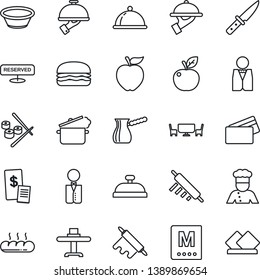 Thin Line Icon Set - waiter vector, cook, dish, restaurant table, menu, reserved, reception, bread, cafe, credit card, receipt, hamburger, bowl, rolling pin, knife, steaming pan, turkish coffee
