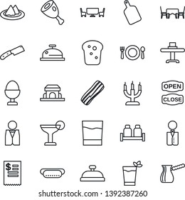 Thin Line Icon Set - waiter vector, restaurant table, serviette, cafe, reception, drink, cocktail, phyto bar, bacon, egg stand, salt and pepper, bread, building, candle, open close, receipt, ham