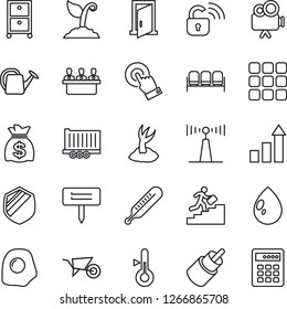Thin Line Icon Set - waiting area vector, growth statistic, money bag, watering can, wheelbarrow, sproute, water drop, plant label, thermometer, truck trailer, shield, antenna, video camera, rca