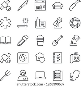Thin Line Icon Set - waiting area vector, book, shovel, farm fork, bucket, garden knife, ambulance star, satellite, support, clipboard, heavy scales, camera, microphone, radio phone, mobile, compass