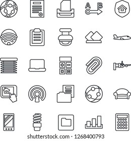 Thin Line Icon Set - waiting area vector, boarding, plane, calculator, sorting, route, network, mobile, folder, clipboard, paper clip, document, tray, notebook pc, contract, stamp, wireless
