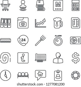 Thin Line Icon Set - waiting area vector, stamp, dollar sign, calculator, farm fork, 24 hours, truck trailer, clock, sim, photo gallery, office chair, support, paper binder, book, air conditioner