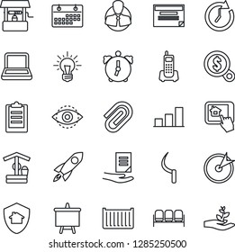 Thin Line Icon Set - waiting area vector, presentation board, document, well, sickle, office phone, client, cargo container, alarm, eye id, clipboard, calendar, paper clip, bar graph, notebook pc