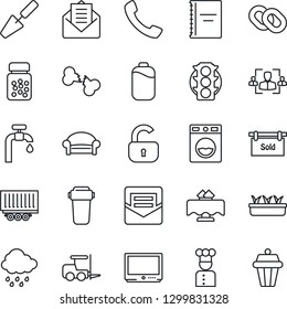 Thin Line Icon Set - waiting area vector, fork loader, trowel, seedling, rain, pills bottle, broken bone, traffic light, truck trailer, tv, chain, mail, call, battery, copybook, hr, water supply