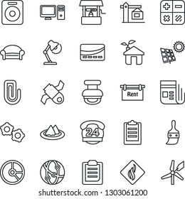 Thin Line Icon Set - waiting area vector, gear, calculator, circle chart, well, satellite, 24 hours, news, network, speaker, themes, clipboard, paper clip, desk lamp, stamp, sun panel, rent, crane