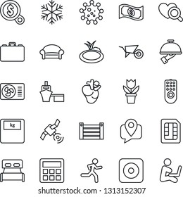 Thin Line Icon Set - waiting area vector, case, flower in pot, wheelbarrow, pond, heart diagnostic, scales, run, real, virus, mobile tracking, sea port, container, satellite, rec button, calculator