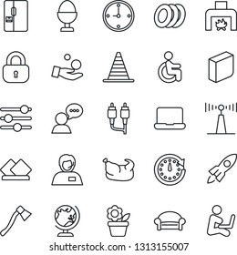 Thin Line Icon Set - waiting area vector, globe, border cone, flower in pot, axe, disabled, support, antenna, speaker, rca, tuning, clock, blank box, notebook pc, lock, fireplace, fridge, plates