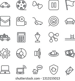 Thin Line Icon Set - waiting area vector, wireless notebook, pennant, pc, circle chart, lawn mower, ambulance car, broken bone, cash, delivery, reel, speaker, pause button, settings, mail, video