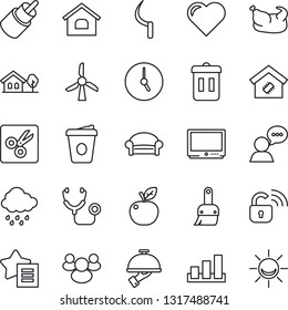 Thin Line Icon Set - waiting area vector, coffee, rain, sickle, heart, stethoscope, sorting, tv, speaker, group, favorites list, rca, themes, clock, cut, house, with tree, smart home, waiter
