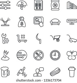 Thin Line Icon Set - waiting area vector, money bag, ripper, wheelbarrow, sproute, lawn mower, butterfly, sickle, fertilizer, clock, no trolley, satellite, speaker, tuning, network, root setup, cafe