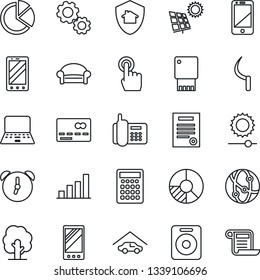 Thin Line Icon Set - waiting area vector, credit card, mobile phone, notebook pc, circle chart, tree, sickle, office, network, cell, touch screen, speaker, alarm, brightness, bar graph, pie, garage