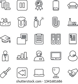 Thin Line Icon Set - waiting area vector, contract, office binder, medal, graduate, garden sprayer, support, clipboard, folder document, fragile, sorting, tv, low battery, pause button, rewind, pool