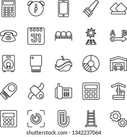 Thin Line Icon Set - waiting area vector, mobile phone, circle chart, ladder, saw, well, diet, satellite, office, route, speaker, calculator, alarm, calendar, eye id, paper clip, garage, serviette