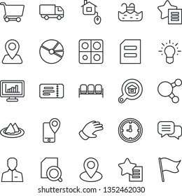 Thin Line Icon Set - waiting area vector, ticket, document, glove, navigation, pin, mobile tracking, car delivery, clock, dialog, share, favorites list, user, application, monitor statistics, search
