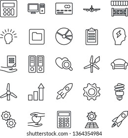 Thin Line Icon Set - waiting area vector, credit card, plane, growth statistic, office binder, brainstorm, document, heart diagnostic, hand, settings, calculator, folder, clipboard, pie graph, pc