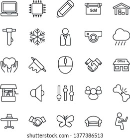 Thin Line Icon Set - waiting area vector, handshake, mouse, tie, pencil, butterfly, rain, well, heart hand, broken bone, store, speaker, settings, laptop pc, group, warehouse, sold signboard, waiter