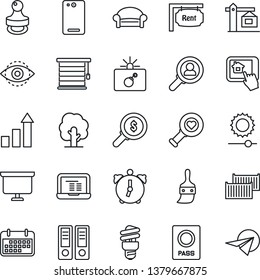 Thin Line Icon Set - waiting area vector, bomb in case, passport, growth statistic, office binder, notebook pc, presentation board, tree, heart diagnostic, cargo container, term, phone back, themes