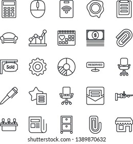 Thin Line Icon Set - waiting area vector, boarding, gear, mouse, pen, circle chart, stamp, medical calendar, clipboard, news, favorites list, mail, paper clip, calculator, office chair, point graph