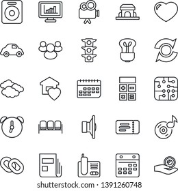 Thin Line Icon Set - waiting area vector, ticket, clouds, calculator, traffic light, car delivery, term, speaker, video camera, radio phone, chain, group, heart, alarm, calendar, music, update, news